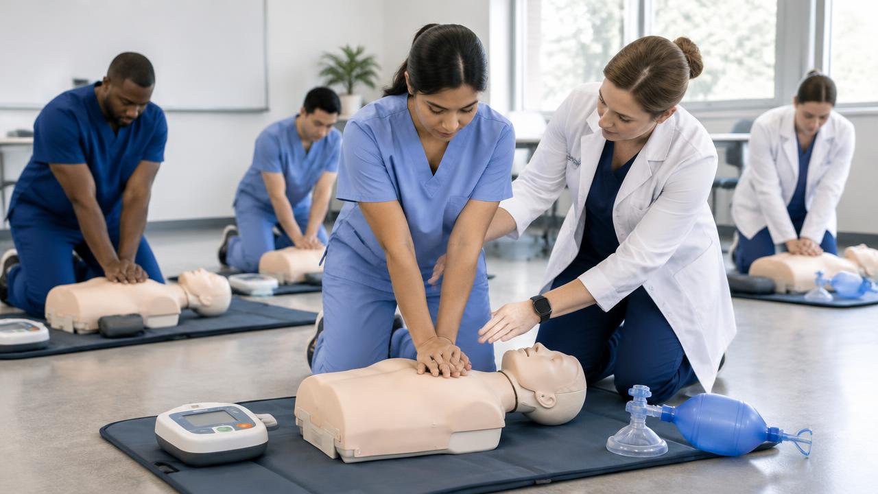 Healthcare professionals practicing CPR chest compressions on manikins during a Basic Life Support classroom skills session