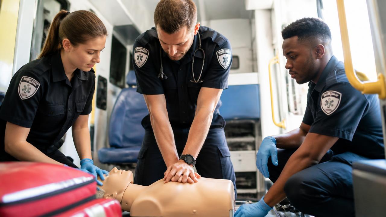 Emergency medical responders practicing CPR chest compressions on a training manikin inside an ambulance