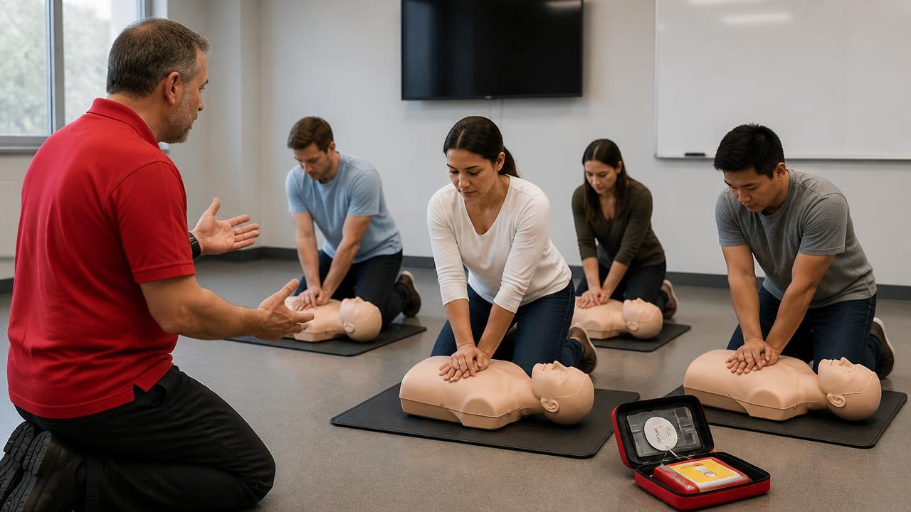 Instructor leading a live classroom CPR skills session with students practicing chest compressions on manikins next to an AED trainer