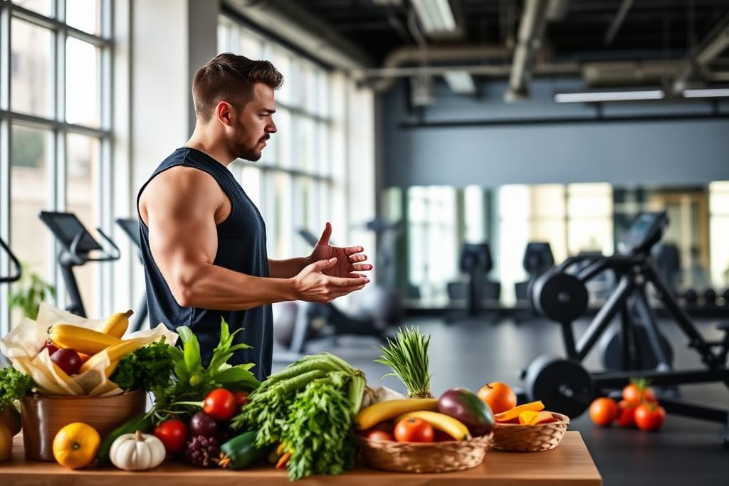 Certified personal trainer coaching in a gym beside a table of fresh, healthy foods