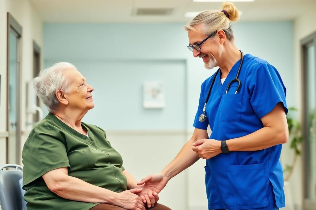 Nurse assisting an older adult patient in a bright clinic setting